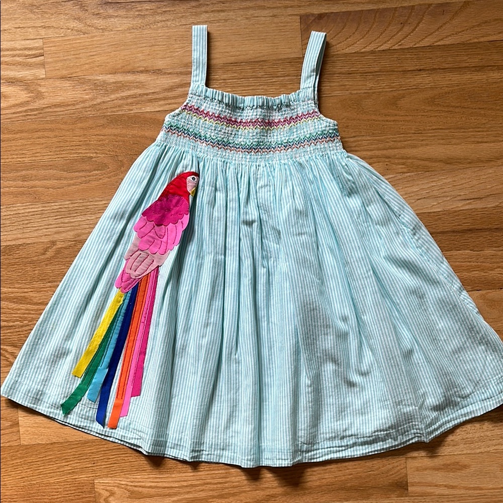 Mini Boden Colorful Parrot Embellished Lined Kids Dress